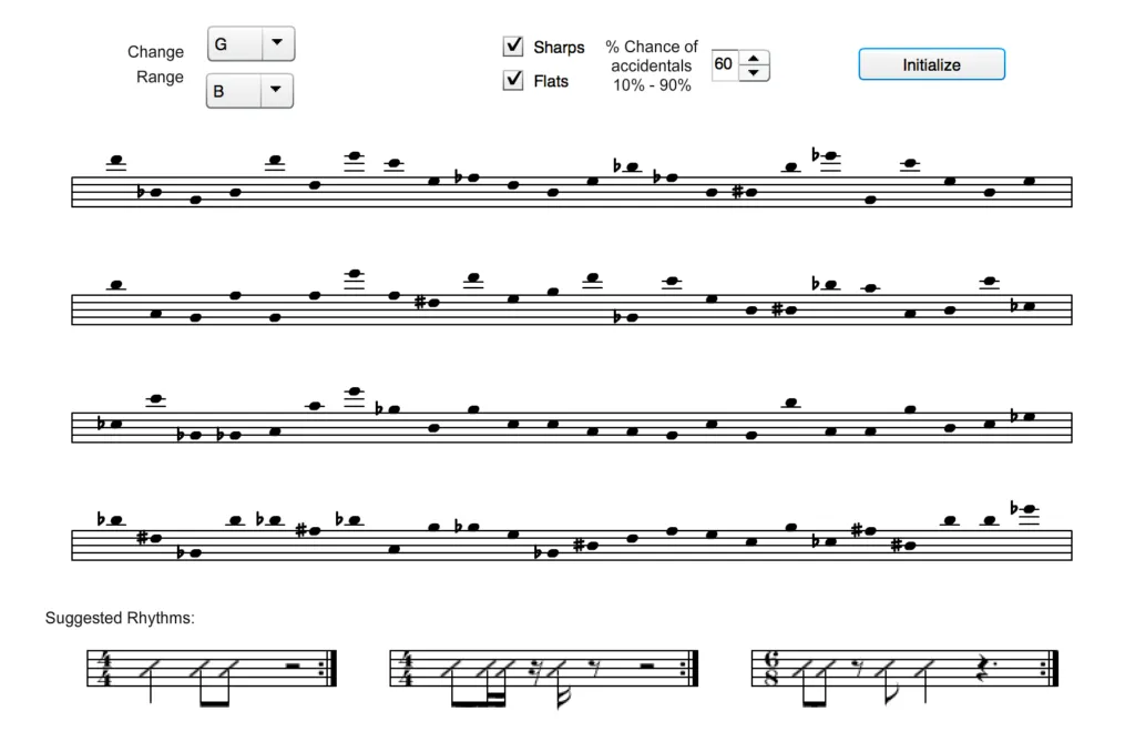 Screenshot of Gary Willis Xtreme Sight Reading generator showing randomly generated notation