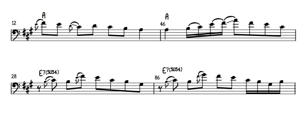 notation showing four Lee Sklar bass licks from James Taylor’s You’ve Got a Friend