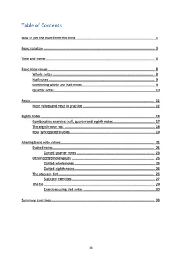 Contents page, from basic notation and time signatures through to dotted notes, ties and the summary exercises