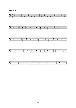 Exercise 2C: five lines of bass-clef reading in 4/4 using half notes, quarter notes and rests