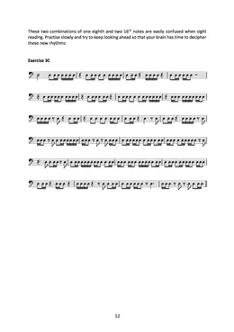 Exercise 3C: six lines of bass-clef reading mixing one eighth and two sixteenth notes