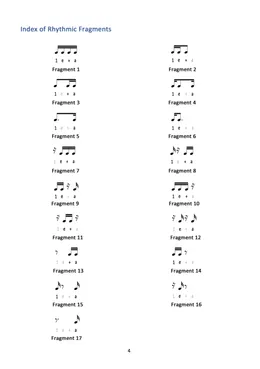 The fragment index, listing each sixteenth-note rhythmic cell covered in the book