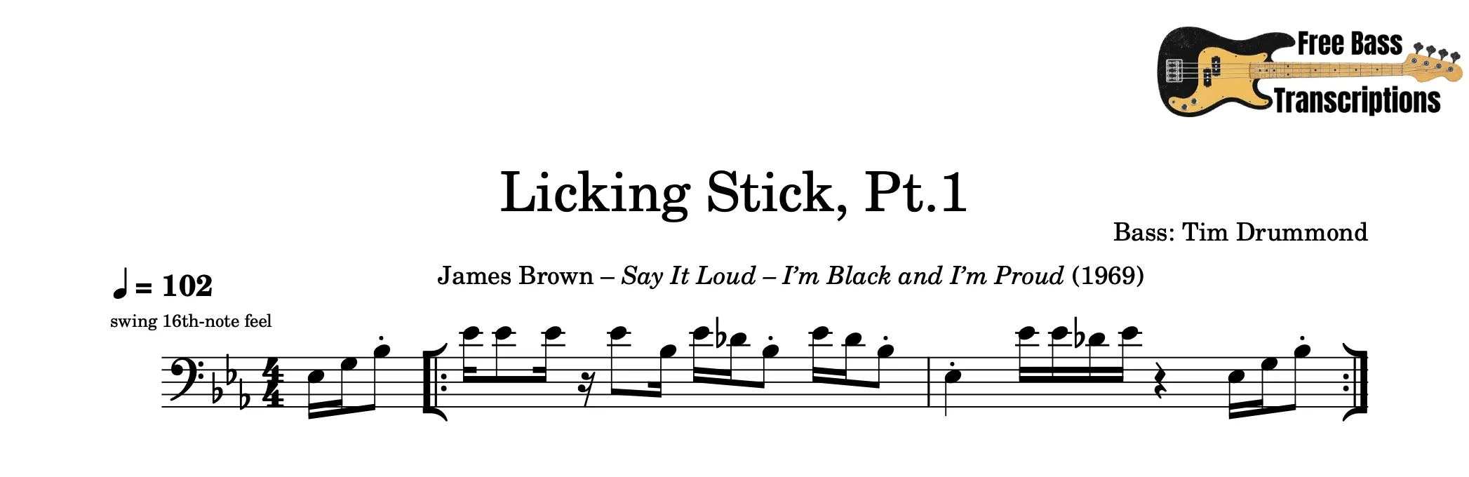 notation for James Brown – “Licking Stick” bass part