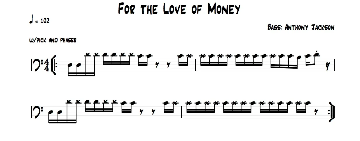 Bass line to the O’Jays “For the Love of Money” in standard notation