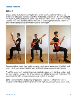 Seated posture, with three photos of Tom playing on a drum stool and the pros and cons of the position