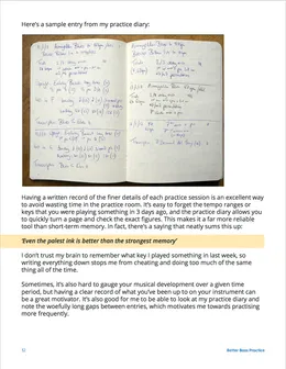 A photo of a page from Tom's handwritten practice diary, with notes on why keeping one helps