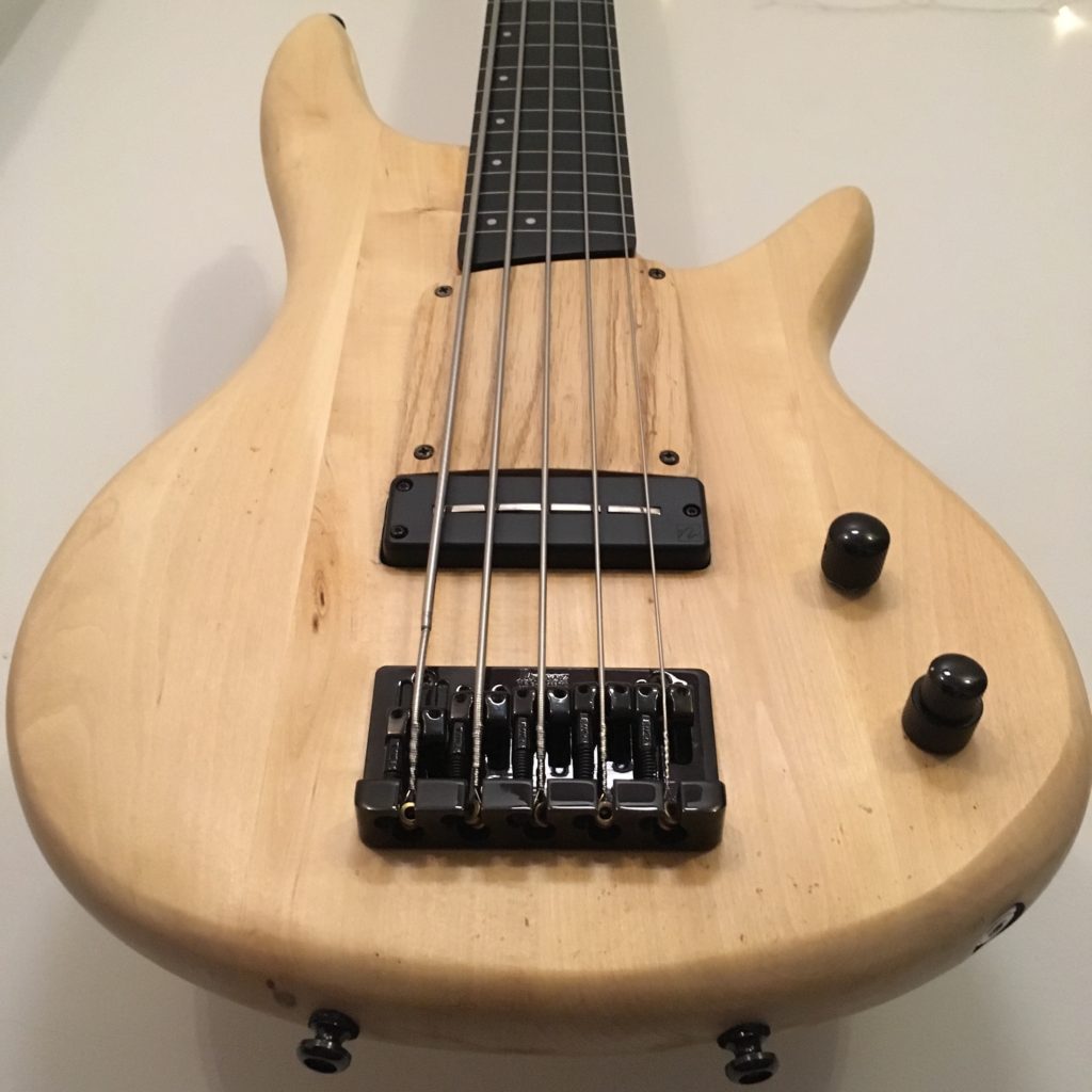 Close up of Ibanez GWB35 bass fitted with Nordstrand blade pickup 